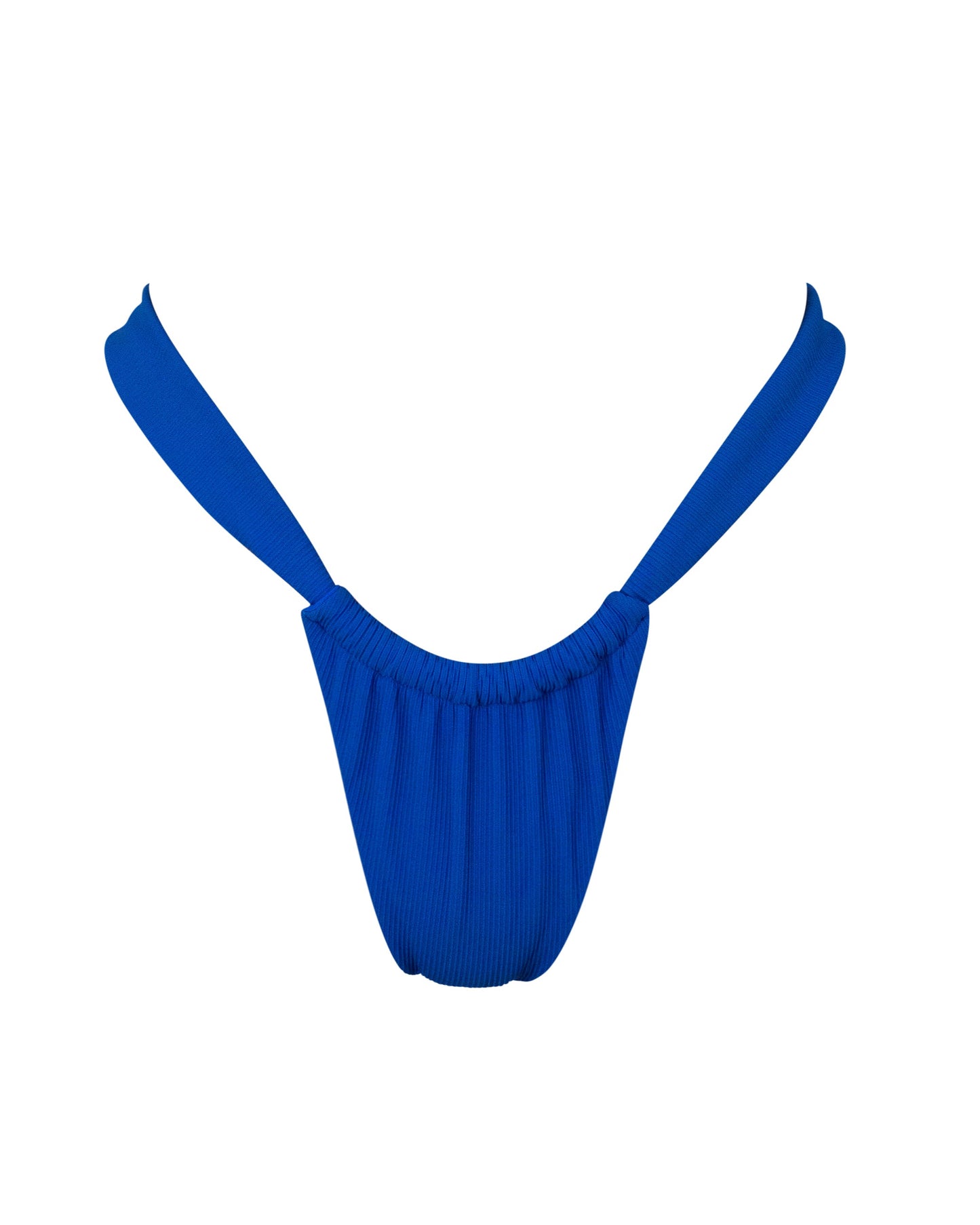A blue bikini bottom with gathered fabric at the front and back, featuring a wide waistband.
