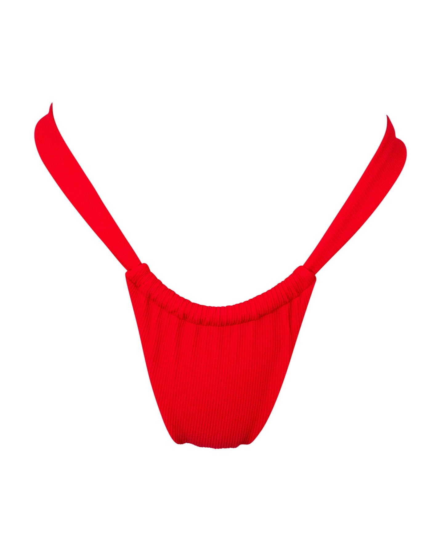 Red bikini bottoms with a wide waistband and gathered fabric at the front and back.