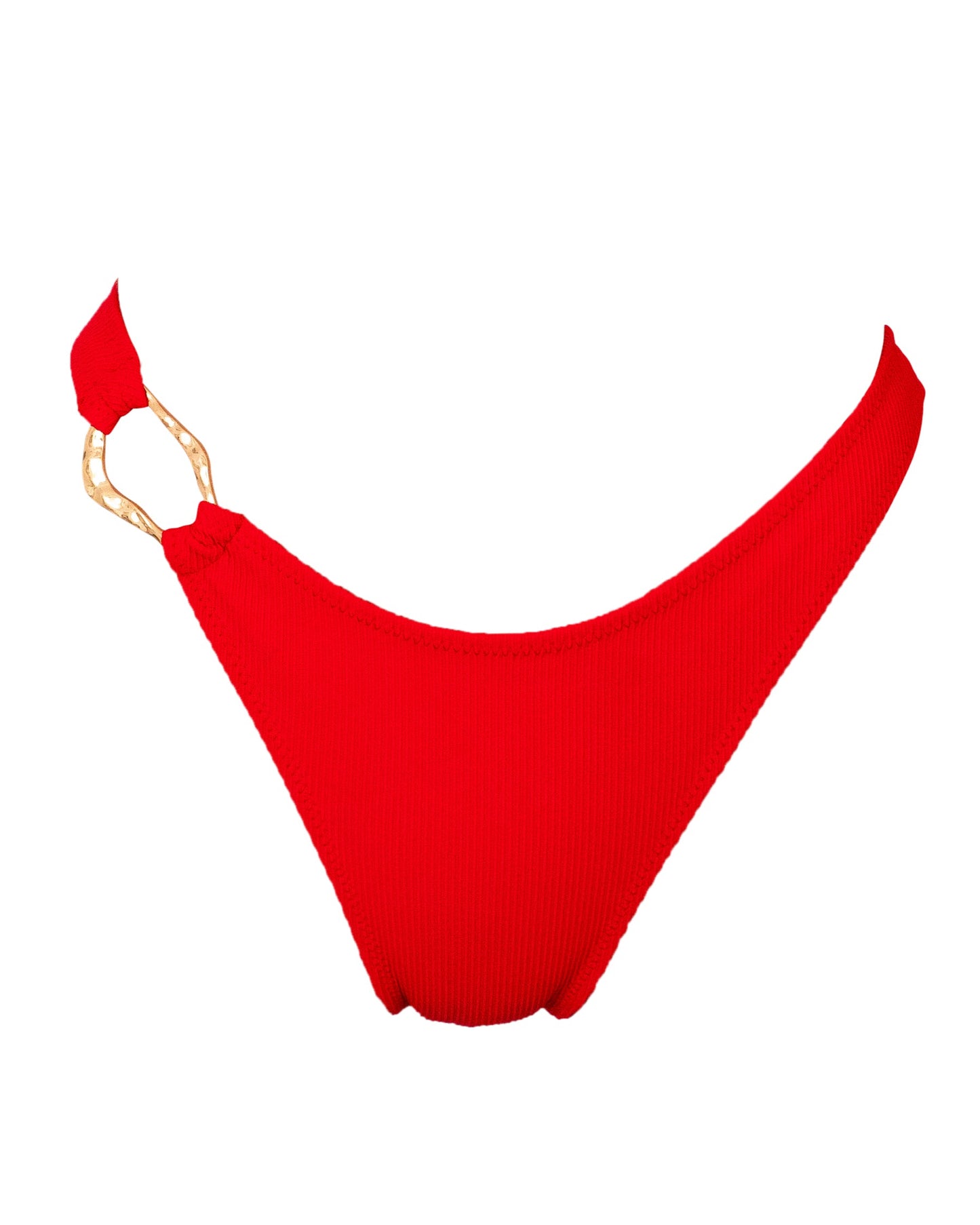 Red swim bottoms with a gold ring detail on the side, high cut leg, and cheeky coverage.