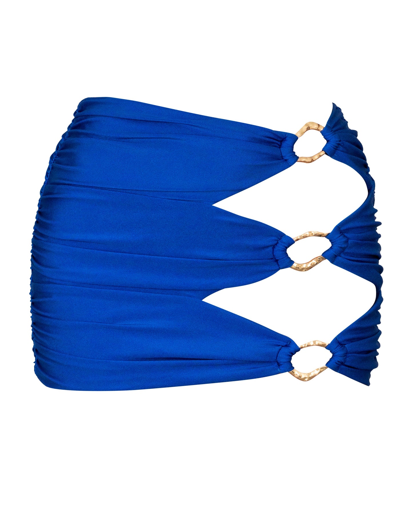 A blue mini skirt with gold ring embellishments and gathered side seams.