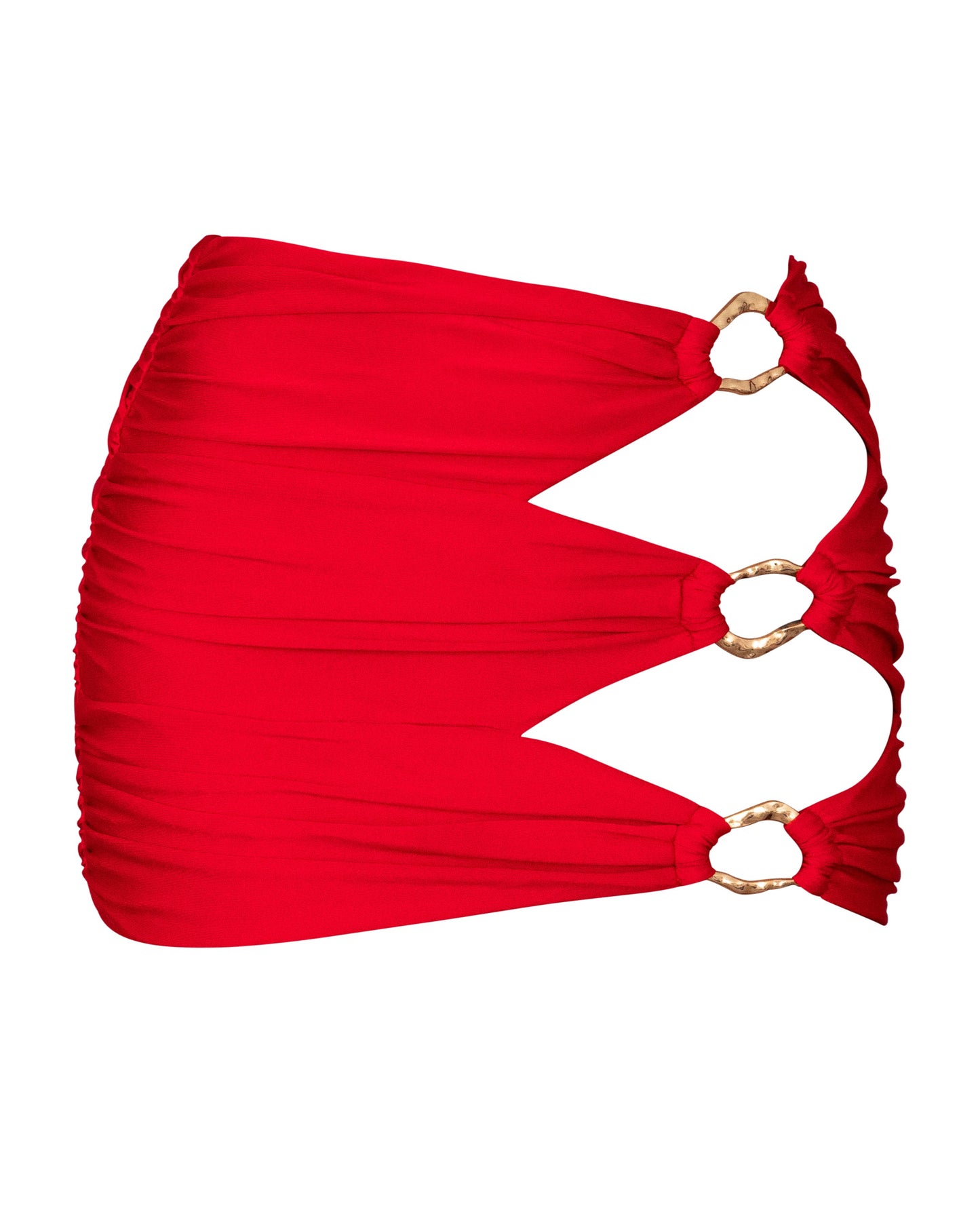 A red mini skirt with gold ring embellishments made from a double-layered fabric.