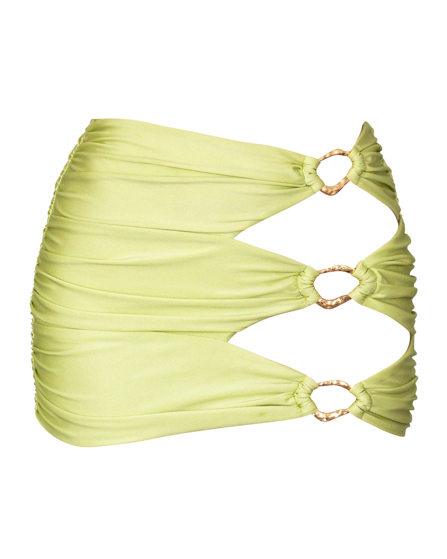 A mint green mini skirt with gold ring embellishments featuring a unique gathered design.