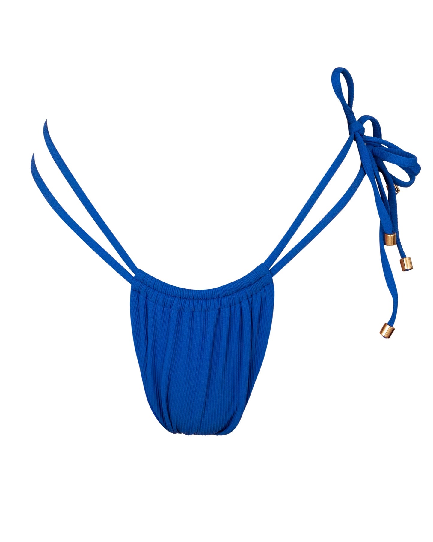 Blue bikini bottoms with double straps, side ties, and ruched paneling.
