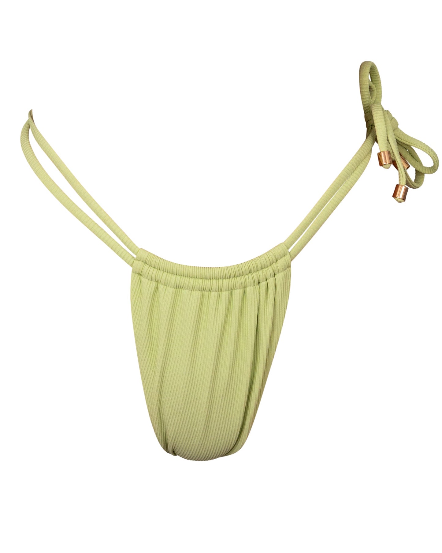 Mint green bikini bottoms with double straps and side ties, made of ribbed fabric.