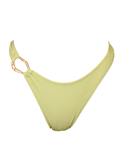 Mint green high-waisted swim bottoms with a gold ring detail on the side.