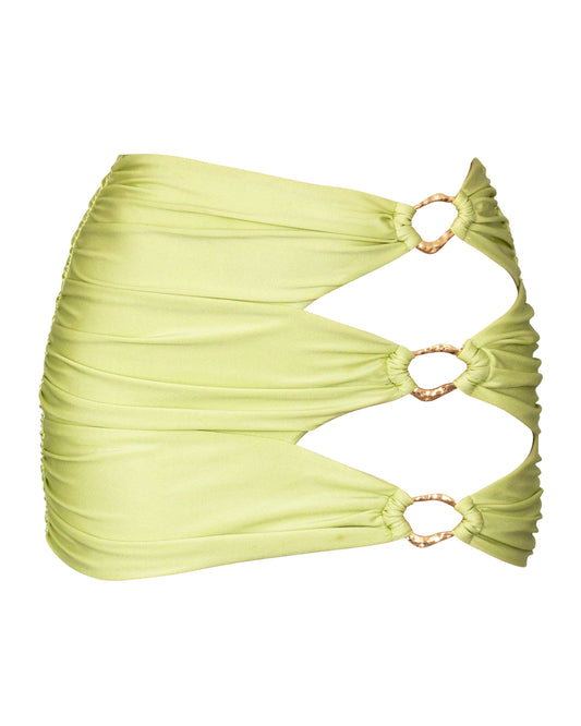 A mint green mini skirt with gold ring embellishments featuring a unique gathered design.